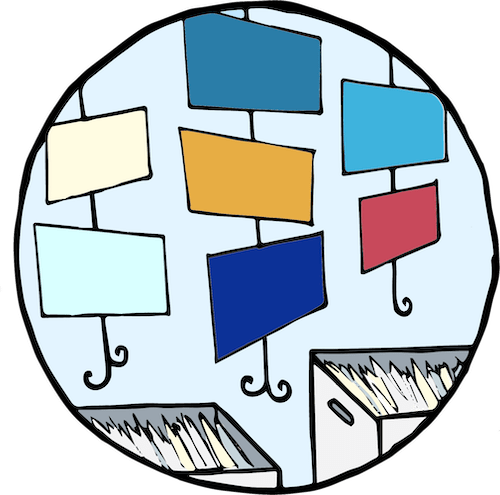 Postcards hanging on string above box of postcards